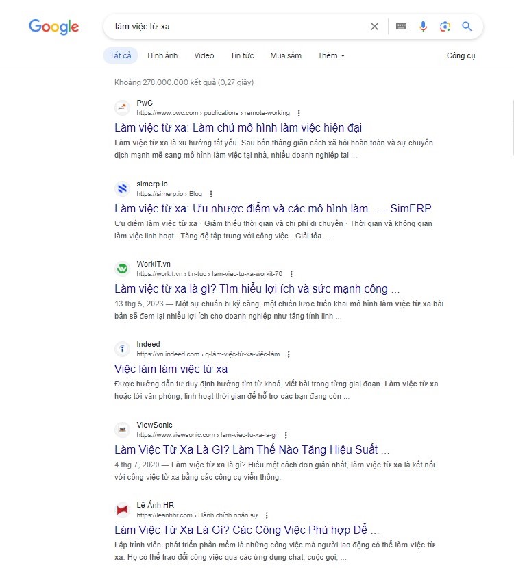 Ví dụ về kết quả hiển thị trên công cụ tìm kiếm của một content angle