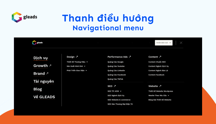 Ví dụ website GLEADS - agency marketing, menu điều hướng đến “Dịch vụ”, “Về GLEADS”, “Nhận báo giá”