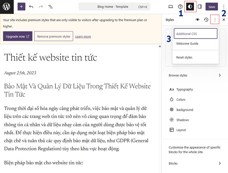 Thay đổi giao diện bằng mã CSS tùy chỉnh với Site Editor